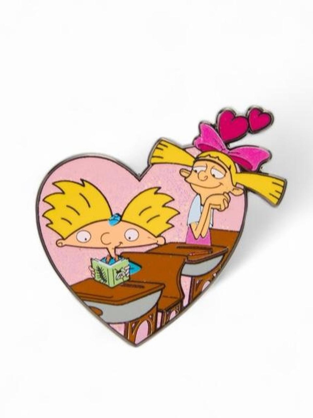 Nickelodeon Hey Arnold Heart Pin with Arnold & Helga - Pink, Yellow